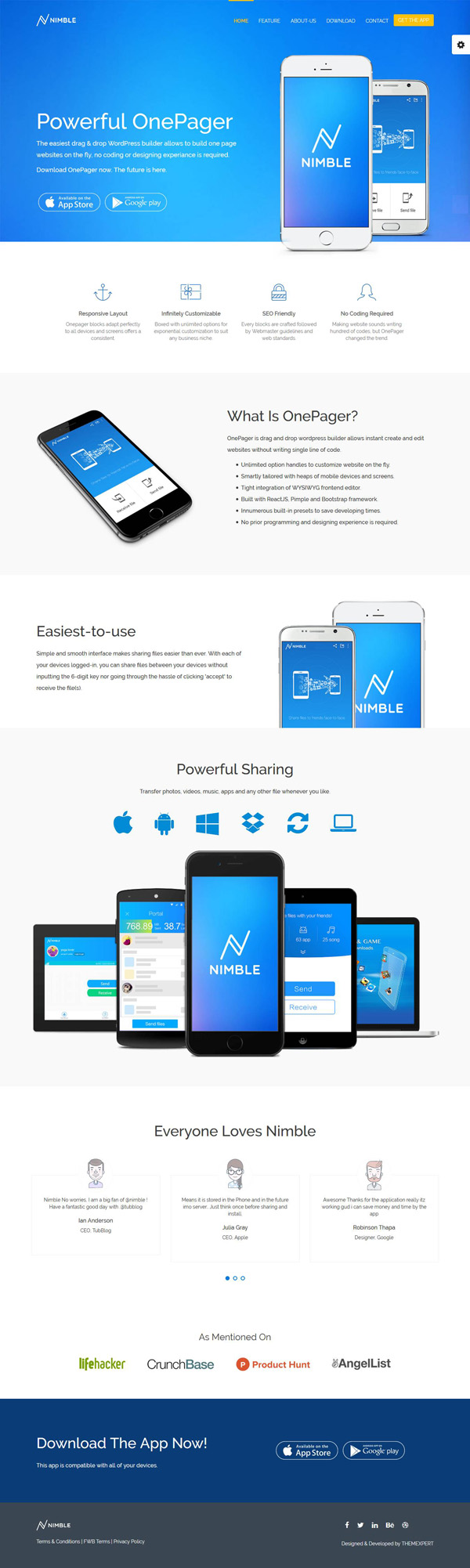 Free App Landing One Page WordPress Theme